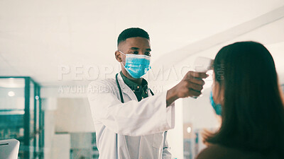 Buy stock photo Digital thermometer, doctor and patient in office, examine symptoms and temperature for diagnosis. Medical exam, health assessment and physician with vital signs check, people and face mask for care.