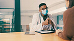 Man, doctor and consultation with patient in clinic for healthcare feedback, help or results. Mask, medical professional and talk to woman in office for checkup, treatment plan and diagnosis update