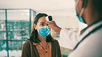 Thermometer, doctor and patient with mask in office, examine symptoms and temperature for diagnosis. Medical exam, health assessment and people with vital signs check, physician consultation and care