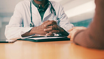 Buy stock photo Hands, doctor and consultation with patient in clinic for healthcare feedback, help or results. Conversation, medical professional and people in office for checkup, treatment plan or diagnosis update