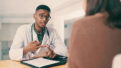 Buy stock photo Man, doctor and talk to patient for healthcare feedback, help and diagnosis update. Advice, medical professional and consultation with woman in office for checkup, treatment options and results