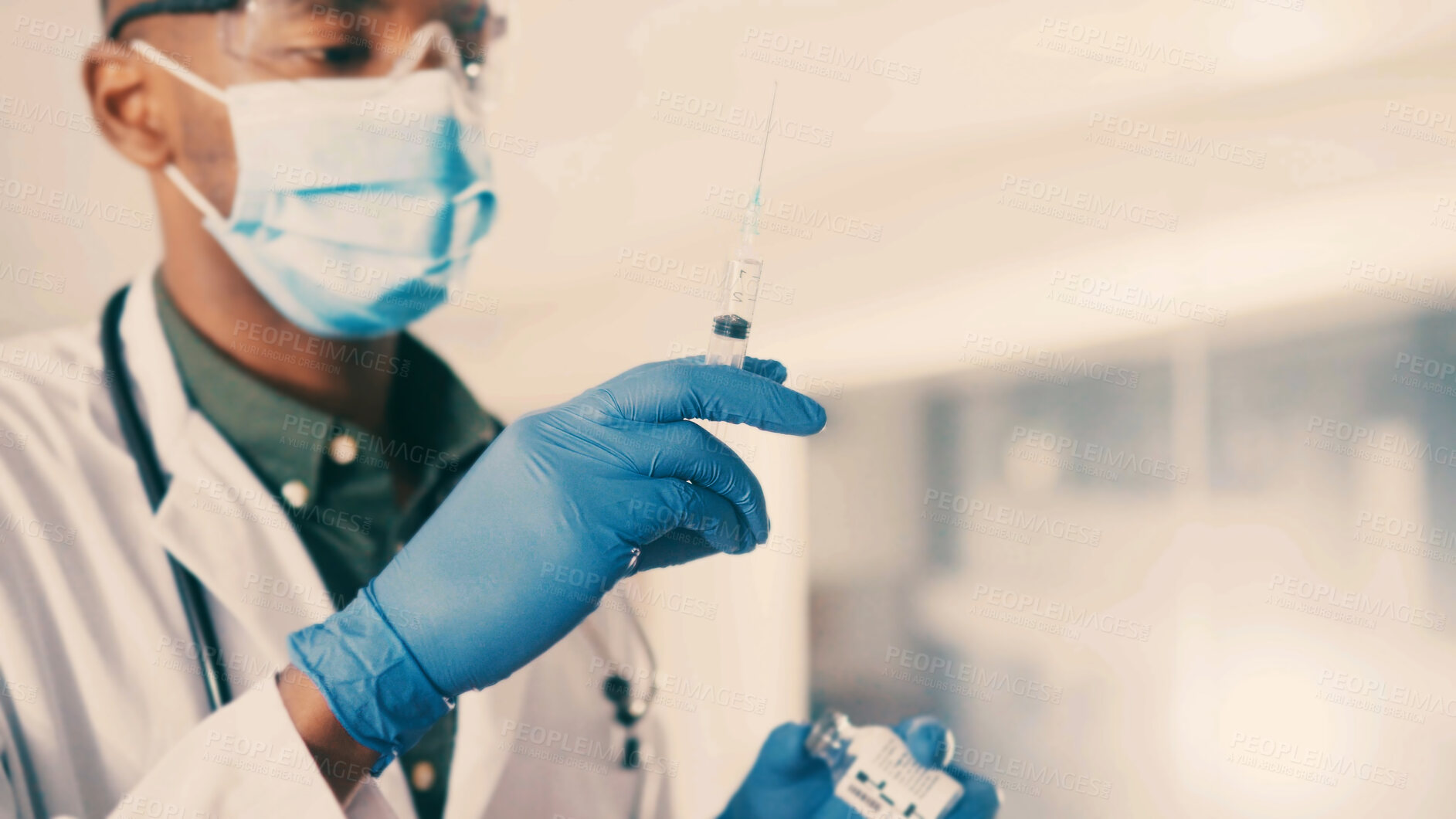 Buy stock photo Medicine, doctor and black man with gloves for syringe, healthcare injection and flu shot for wellness. PPE, medical treatment and physician with needle for immune system,  vaccine and health booster
