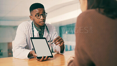 Buy stock photo Man, doctor and patient consultation with tablet screen for healthcare history, feedback or results. Tech, medical professional and talk to woman in clinic for checkup, treatment plan or mockup space