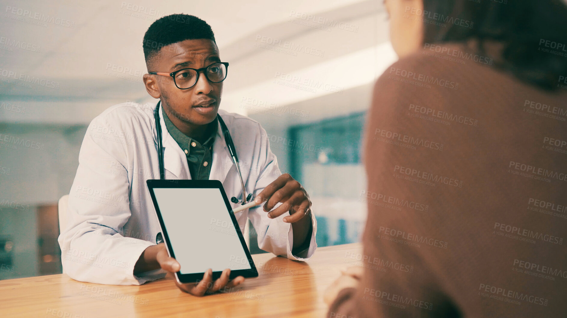 Buy stock photo Man, doctor and patient consultation with tablet screen for healthcare history, feedback or results. Tech, medical professional and talk to woman in clinic for checkup, treatment plan or mockup space