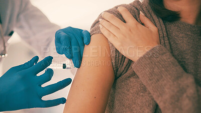 Buy stock photo Doctor, hands and patient with injection for vaccination, immunity or vitamin shot in hospital. Closeup, healthcare worker or needle with gloves on arm for IV, medical cure or medicine in clinic