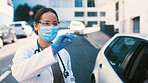 Woman, doctor and injection for vaccine outdoor, immunization and prevent disease in drive through. Female person, face mask and vehicle for medical treatment, infection control and healthcare safety
