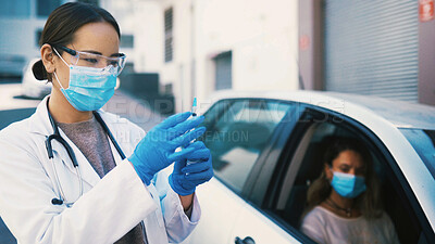 Buy stock photo Woman, doctor and person in vehicle for injection, immunization and prevent disease in drive through. People, face mask and outdoor vaccine for medical treatment, infection control and healthcare ppe