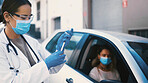 Woman, doctor and person in car for vaccine, immunization and prevent disease in drive through. People, face mask and syringe with bottle for medical protection, infection control and healthcare ppe