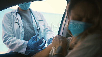 Buy stock photo Car, healthcare or vaccine with doctor and patient in drive through for cure, injection or shot. Border, needle or syringe  with driver person and medical professional at vehicle for treatment