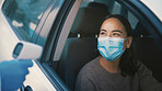 Woman, face mask and car with infrared scanner for transportation or portable screening. Female person, driver or traveler with safety regulations for viral outbreak, pandemic or security protocol