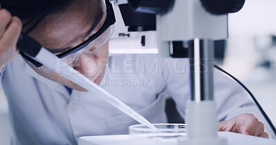 Buy stock photo Microscope, petri dish and pipette with scientist in laboratory for development or medical research. Dropper, sample and science with person at work for clinical trial, investigation or reaction