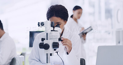 Buy stock photo Science, lab and woman with sample in microscope for study, medical research and vaccine development. Chemistry, pharmaceutical and scientist with equipment for medicine, experiment and discovery