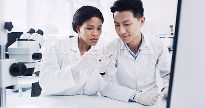 Buy stock photo Collaboration, petri dish and science with people in laboratory together for medical research. Conversation, pharmaceuticals and sample with doctor team at work on clinical trial for cure development