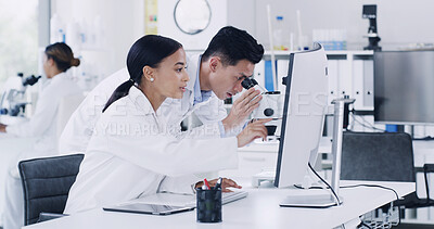Buy stock photo Medical, team or people in lab with microscope, test or examination for vaccine development. Collaboration, desktop or scientist in clinic with equipment, analysis or research in pharmaceutical study