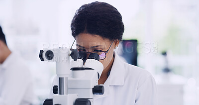 Buy stock photo Microscope, medical and molecule with woman in lab for chemical study, research and sample. Microbiology particles, discovery and vaccine experiment with scientist in clinic for cure and pharmacy