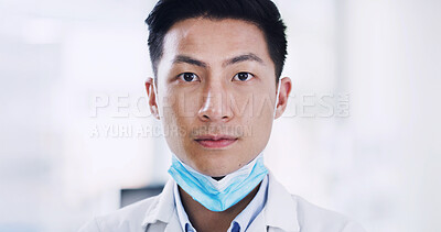Buy stock photo Portrait, medical research and man in lab, science and experiment with face mask. Asian person, scientist and employee in workplace, safety and biologist with pride, confidence and protection