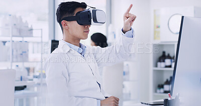 Buy stock photo Virtual reality glasses, press and man with medical research, healthcare metaverse and vision. VR eyewear, science and person in lab, connection and 3d software for biotech experiment and click