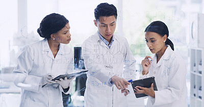 Buy stock photo People, scientist and tablet with team for medical research, study or discovery together in lab. Group, healthcare workers or employees with technology for formula, scientific or equation in clinic
