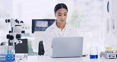 Buy stock photo Laptop, woman and scientist in laboratory for healthcare research, project or medical innovation. Science, reading and female biologist with clinical trial for pharmaceutical development on computer.
