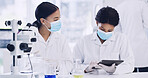 Science, team and women with tablet in laboratory for chemistry, innovation or medical development. Scientist, collaboration and people with technology for review, research experiment and planning