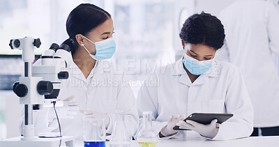 Buy stock photo Science, team and women with tablet in laboratory for chemistry, innovation or medical development. Scientist, collaboration and people with technology for review, research experiment and planning