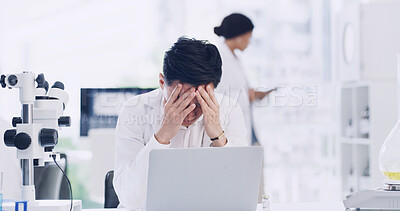 Buy stock photo Man, scientist or laptop with headache in laboratory for forensic research, fail or mistake. Male person, healthcare worker or science with stress on computer for strain, pressure or medical deadline