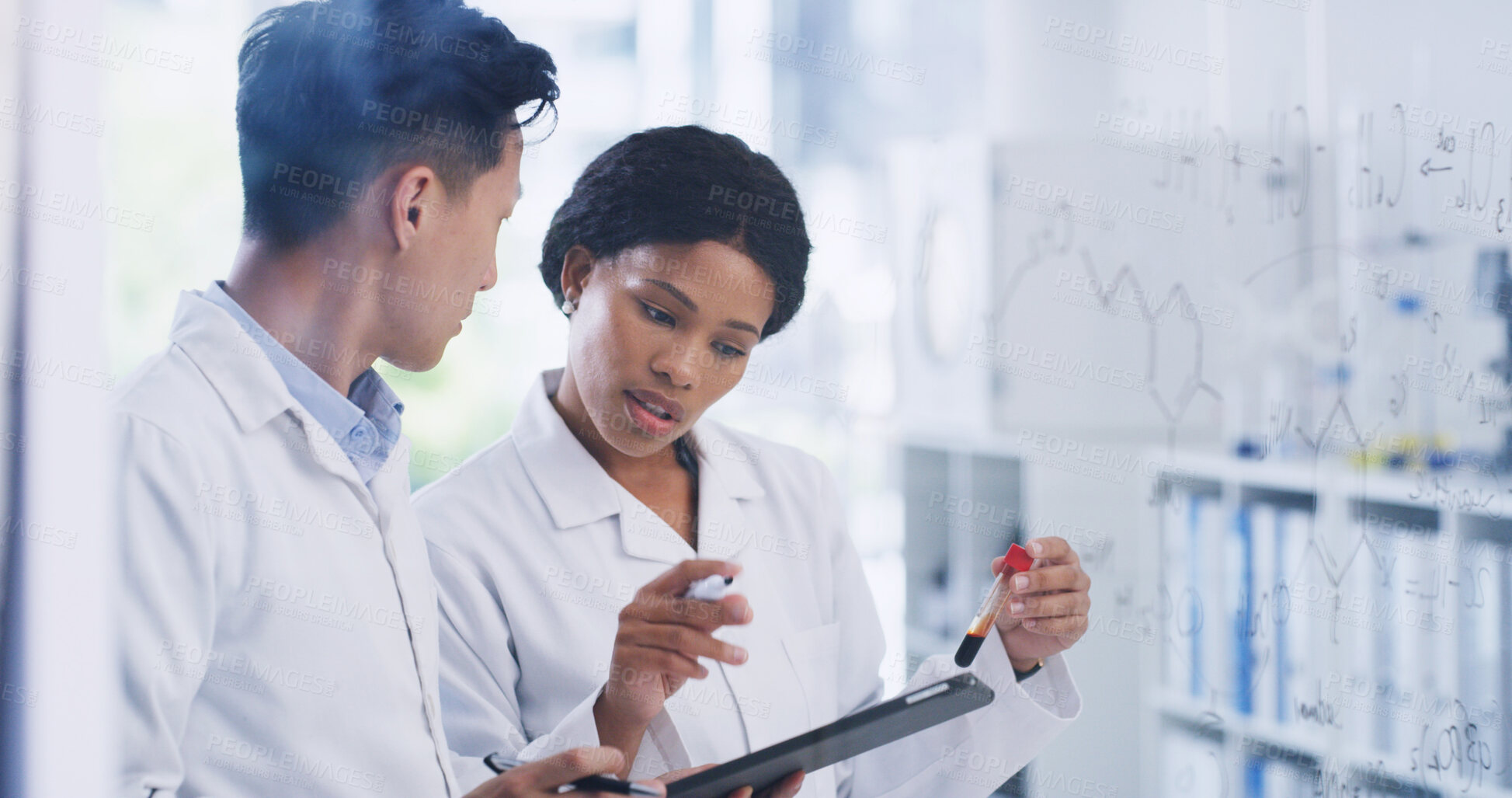 Buy stock photo Chemistry, tablet and glass wall with people in lab for blood sample, vaccine formula and enzyme reaction. Medical research, digital report and brainstorming equation with scientists in clinic