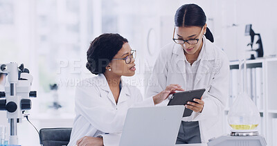Buy stock photo Science, team and women with tablet for discussion, results and medical feedback. Scientist, collaboration and people with tech for chemistry innovation, research experiment and  development in lab