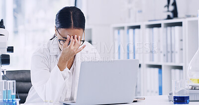 Buy stock photo Woman, scientist or laptop with stress in laboratory for forensic research, fail or mistake. Female person, healthcare worker or science with headache on computer for pressure or medical deadline