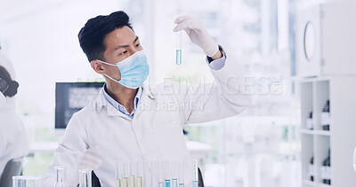Buy stock photo Man, scientist or vial with mask in laboratory for medical research, chemical compound or discovery. Male person, science and checking liquid for scientific experiment, chemistry or study of medicine