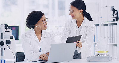 Buy stock photo Reading, research and tablet with people in lab for teamwork, science breakthrough and test results. Medical report, chemical analysis and vaccine trial with scientists and laptop for cure update