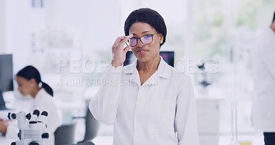 Buy stock photo Portrait, research and woman with glasses, science and medical study with innovation. Person, employee or scientist in laboratory, eyewear and optometry with clear vision, biotech or cure development
