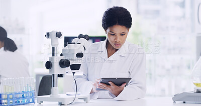 Buy stock photo Woman, scientist and check with tablet in lab for research, medical study and experiment results. Person, coworking and microscope with digital checklist, online report and review feedback on vaccine