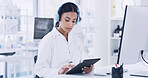 Music, science and tablet with woman in laboratory for medical research or pharmaceuticals. App, headphones and healthcare with scientist at desk for work on clinical trial, experiment or study