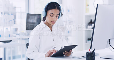 Buy stock photo Music, science and tablet with woman in laboratory for medical research or pharmaceuticals. App, headphones and healthcare with scientist at desk for work on clinical trial, experiment or study