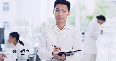 Buy stock photo Clipboard, portrait and science with man in laboratory for medical development or research. Healthcare, paperwork and writing with doctor, engineer or scientist at work on clinical trial and study