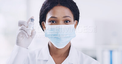 Buy stock photo Covid, face mask and portrait with black woman in laboratory for medicine development or research. Healthcare, pharmaceuticals and ppe with doctor or engineer at work for medical cure or vaccine