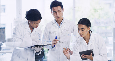 Buy stock photo Writing, scientist and team with glass wall for formula, planning checklist or chemistry molecule. Science group, people and equation on board in lab, problem solving and medical research with tablet
