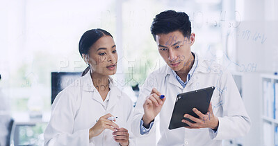 Buy stock photo Writing, glass wall and scientist team with chemistry formula, research and molecule. Laboratory, science and people with board for equation, medical development and brainstorming with tablet