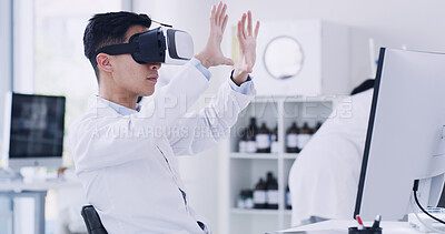Buy stock photo Virtual reality glasses, science and man with medical research, healthcare metaverse and vision. VR eyewear, scientist and person in lab, futuristic and 3d software for biotech experiment and test