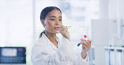 Buy stock photo Chemistry, writing and glass wall with woman in lab for blood sample, vaccine formula and enzyme reaction. Medical research, experiment and brainstorming equation with scientist in clinic study