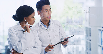 Buy stock photo Tablet, glass wall and scientist team with chemistry formula, research or molecule. Technology, science and people with board for chemical equation, medical development or brainstorming in laboratory