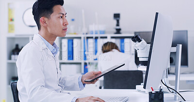 Buy stock photo Tablet, scientist or computer in medical lab, research biotech innovation or check medicine development. Healthcare breakthrough, trial results and man reading pharma test, tech and experiment report