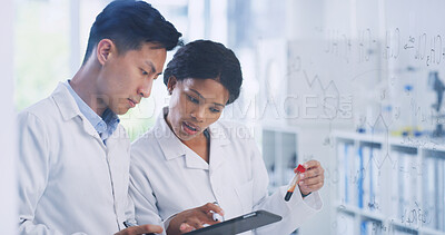 Buy stock photo Research, tablet and glass wall with people in lab for blood sample, vaccine formula and enzyme reaction. Medical, digital report and brainstorming chemical equation with scientists in clinic