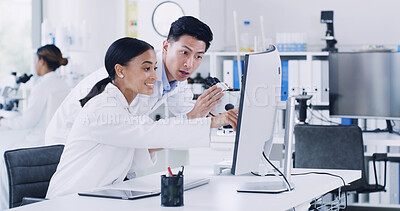 Buy stock photo Lab, scientists and people with computer, medical research or teamwork with tech to identify cancer. Happy, woman and man with microscope for disease diagnosis, discussion and collaboration for cure