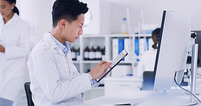 Buy stock photo Computer, science and man with tablet in lab, research biotech innovation or study medical development. Healthcare advancement, trial results and scientist check pharma test, tech and medicine report