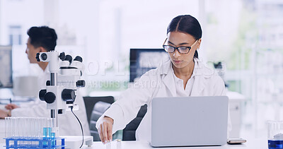 Buy stock photo Woman, scientist and sample with laptop in lab for research, medical study and experiment results. Person, coworking and pc with vaccine development, online report and healthcare feedback on medicine