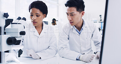 Buy stock photo Medical, check or people in clinic with microscope, help or examination for vaccine development. Collaboration, research or scientist in lab with equipment, result or analysis in pharmaceutical study