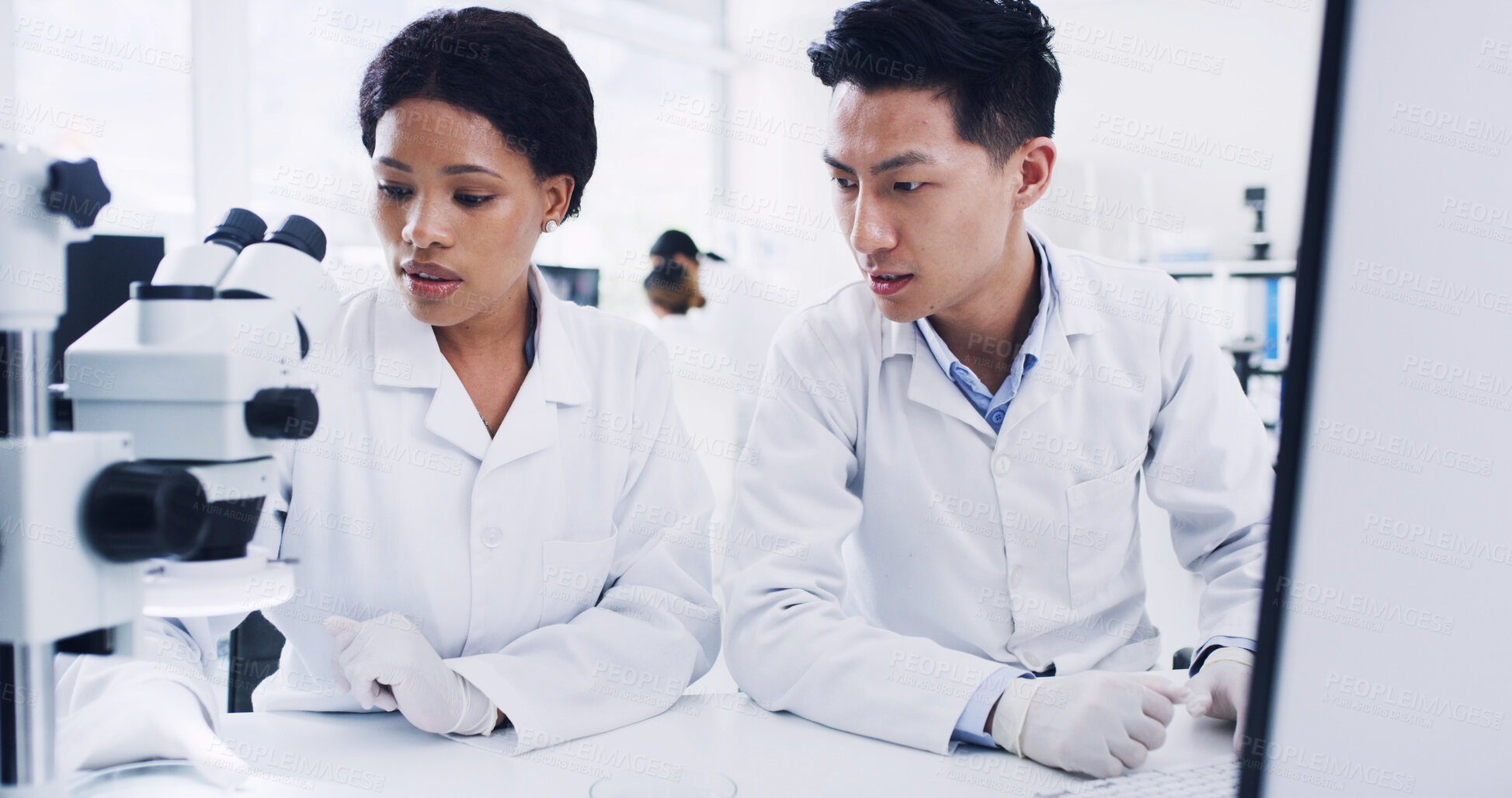Buy stock photo Medical, check or people in clinic with microscope, help or examination for vaccine development. Collaboration, research or scientist in lab with equipment, result or analysis in pharmaceutical study