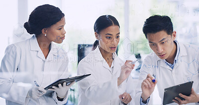 Buy stock photo Writing, scientist and group with glass wall for formula, planning or chemistry molecule. Science team, people and equation on board in lab, problem solving and medical research with tablet checklist
